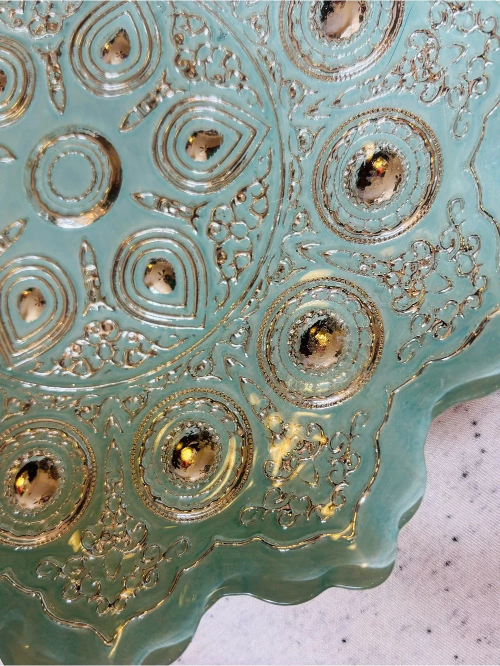 Mandala Style Glass celebration Bowl Boho ocean blue seafoam & Gold